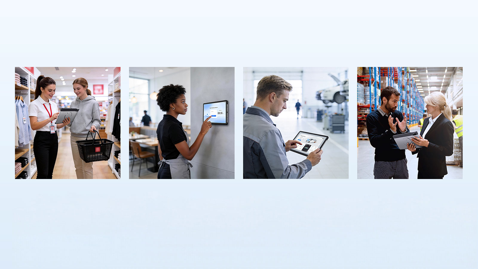 UROVO UPad commercial tablet in handheld, countertop and wall-mounted restaurant configurations