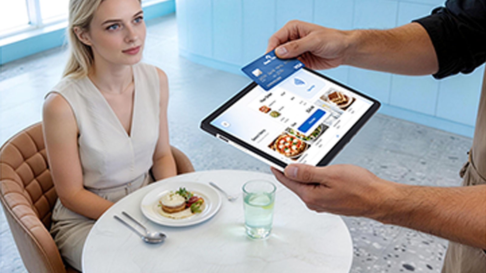 Waiter taking a tableside order on a commercial tablet during peak restaurant service