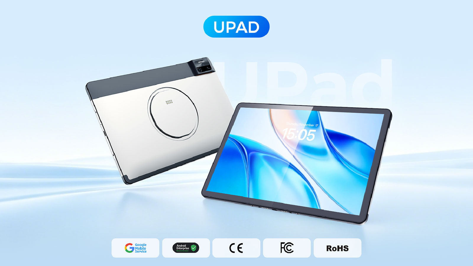 UROVO UPad commercial tablet shown from front and back with certification marks