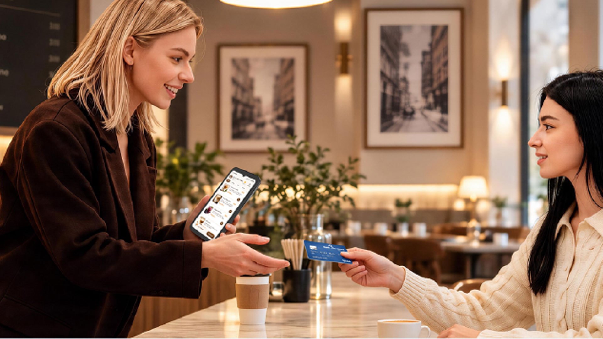 UROVO i9600 Mini Smart MiniPOS terminal held by restaurant staff while a customer pays by card at the table