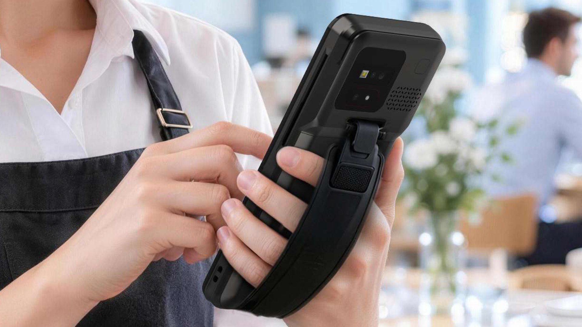 UROVO i9600 Mini handheld MiniPOS terminal carried by store staff on the shop floor, away from the fixed checkout counter