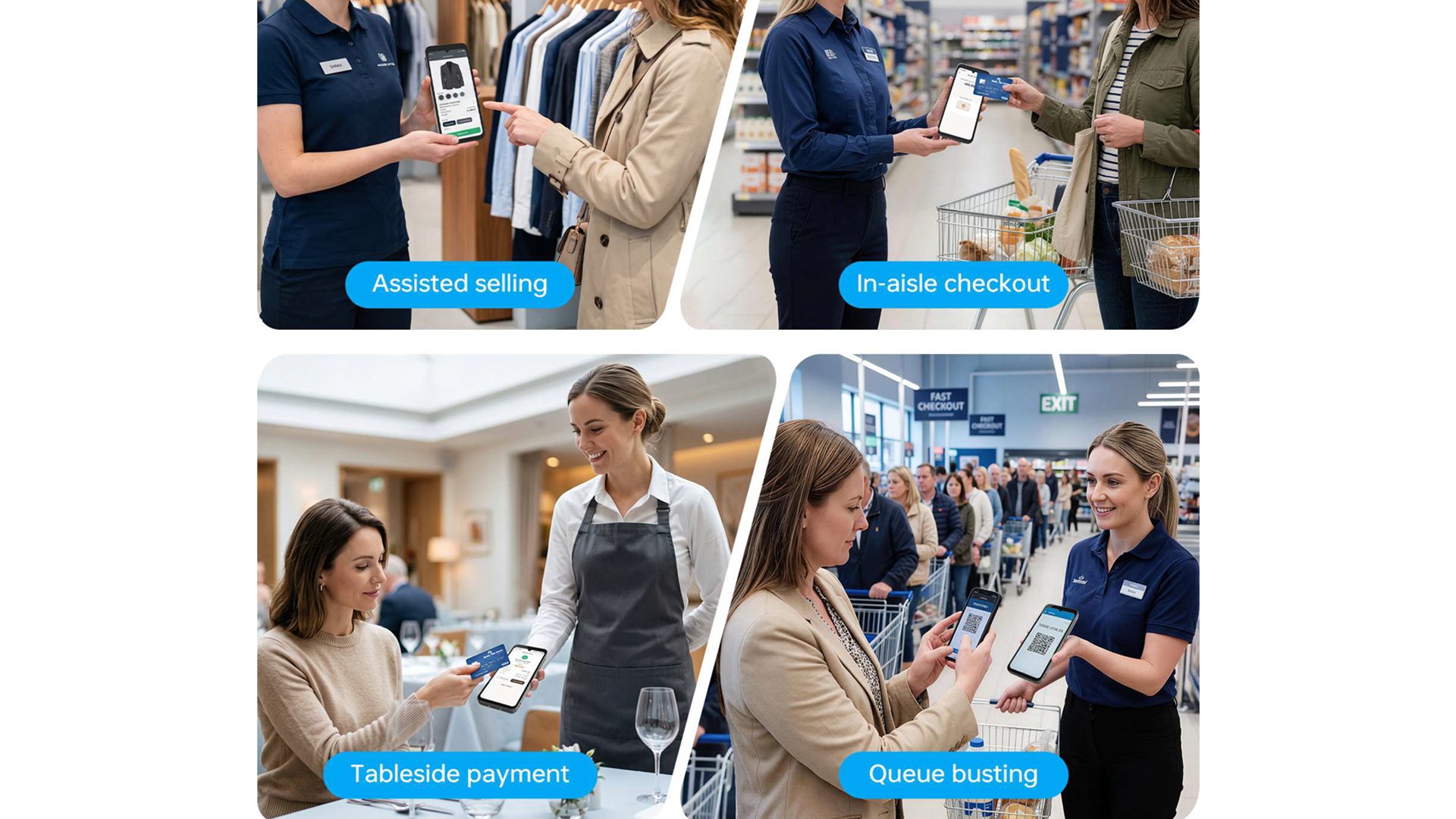 UROVO i9600 Mini Smart MiniPOS supporting assisted selling, in-aisle checkout, tableside payment and queue busting in retail and hospitality