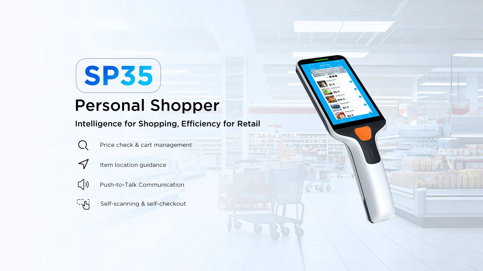 Shopper using the SP35 personal shopper device to scan items in a retail store
