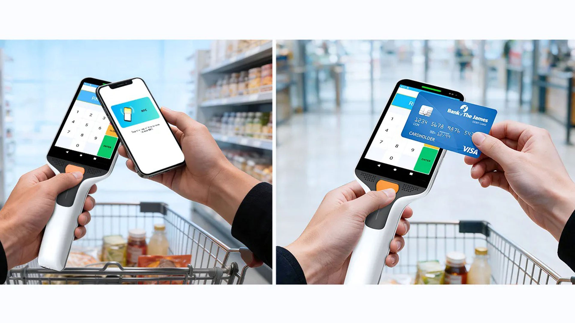 Shopper scanning a product with the SP35 in auto-scan mode during store visit